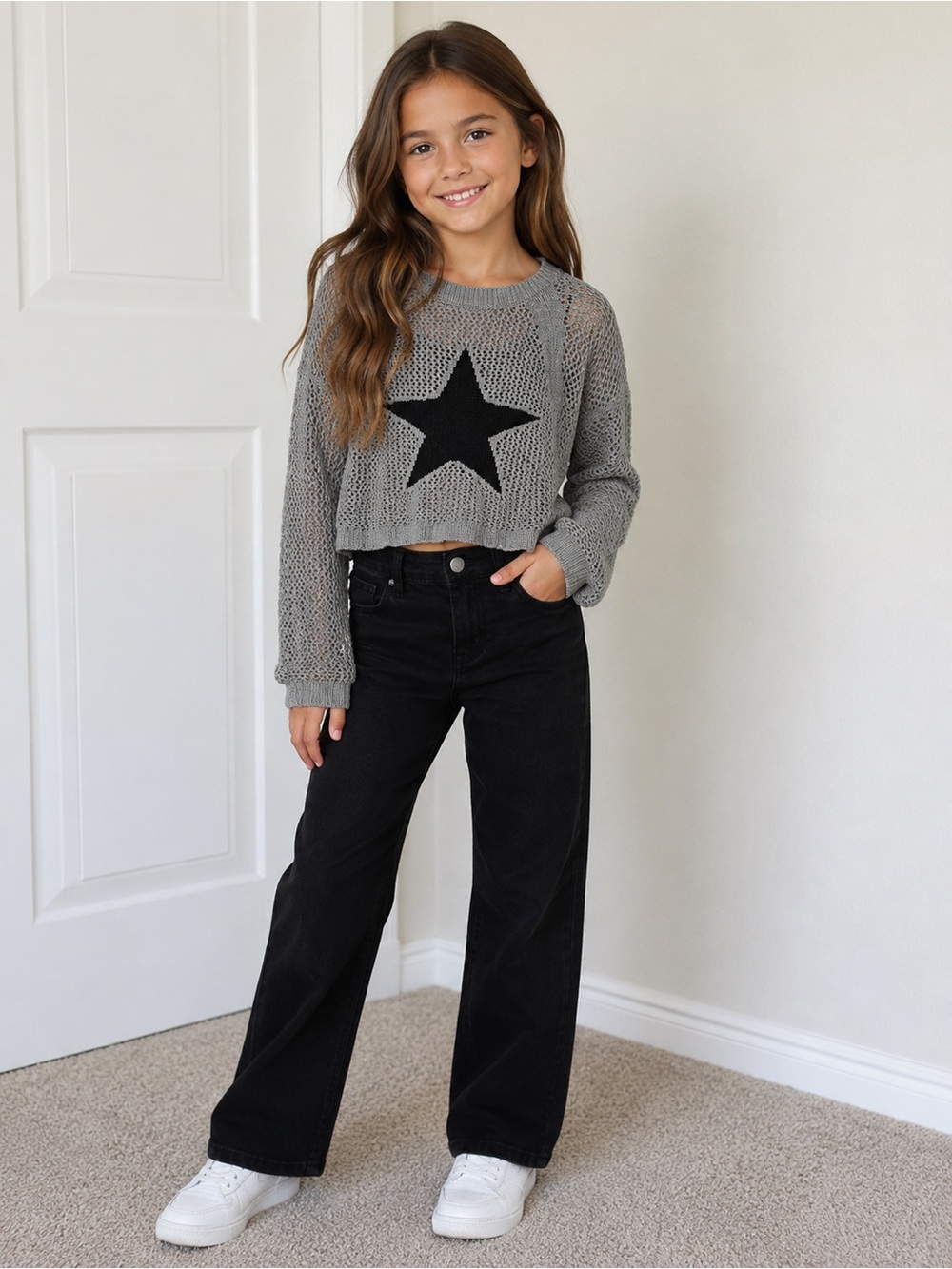 Zara Gray Cropped Knit Sweater with Black Star size 11/12
